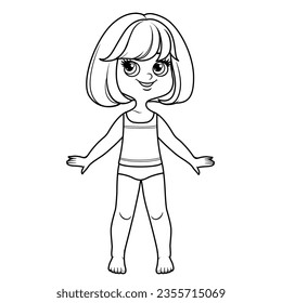 Cute cartoon girl with short bob haircut with bangs dressed in underwear and barefoot with outline for coloring on a white background