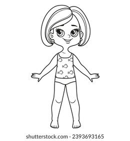 Cute cartoon girl with short  haircut dressed in underwear with ftsh print outline for coloring on a white background