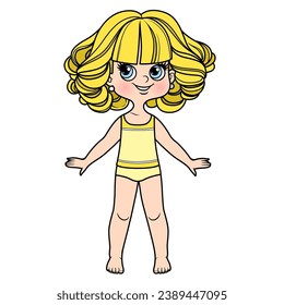 Cute cartoon girl with short lush curly hair dressed in underwear and barefoot color variation for coloring page