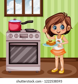 Cute Cartoon Girl Showing Thumb Up in the Kitchen and Holding a Tray with Tasty . Beautiful Little Kid Standing Next to Oven with a Pot