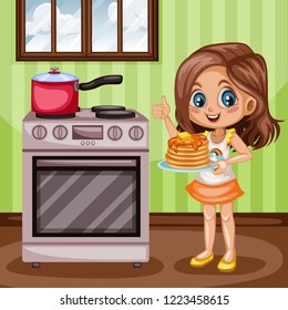 Cute Cartoon Girl Showing Thumb Up in the Kitchen and Holding a Tray with Tasty . Beautiful Little Kid Standing Next to Oven with a Pot