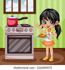Cute Cartoon Girl Showing Thumb Up in the Kitchen and Holding a Tray with Tasty . Beautiful Little Kid Standing Next to Oven with a Pot