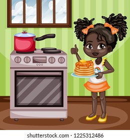 Cute Cartoon Girl Showing Thumb Up in the Kitchen and Holding a Tray with Tasty . Beautiful Little Kid Standing Next to Oven with a Pot