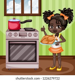 Cute Cartoon Girl Showing Thumb Up in the Kitchen and Holding a Tray with Tasty . Beautiful Little Kid Standing Next to Oven with a Pot