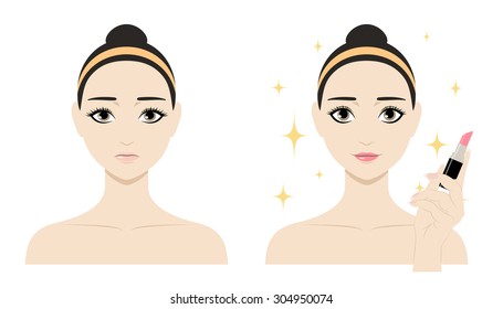 Cute cartoon girl shows beautiful bright red lips as a result after applying lipstick. Icon set for skincare infographic. Colorful vector image illustrated steps of using cosmetic.