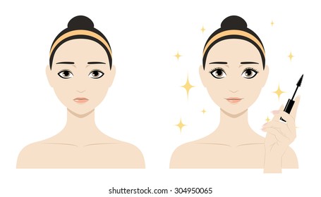 Cute cartoon girl shows curvy bright black eyelashes as a result after applying mascara. Icon set for skincare infographic. Colorful vector image illustrated steps of using cosmetic.