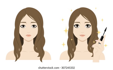 Cute cartoon girl shows curvy bright black eyelashes as a result after applying mascara. Icon set for skincare infographic. Colorful vector image illustrated steps of using cosmetic