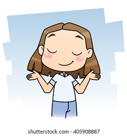 Cute cartoon girl shrugging shoulders. Emotion of incomprehension. Vector illustration
