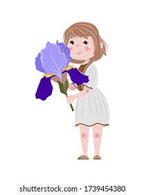 Cute cartoon girl in a simple dress carries a purple iris flower in her hands. Wildflowers. Children's vector illustration