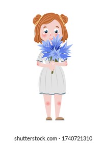 Cute cartoon girl in a simple dress holds in her hands a large branch of flowering blue cornflower. Wildflowers. Children's vector illustration