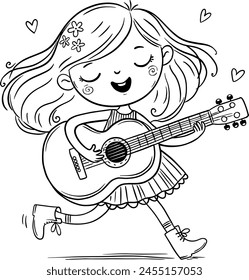 Cute cartoon girl singing song and plays guitar. Kids clipart. Outline vector illustration. Coloring book for children