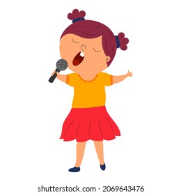 cute cartoon girl sings into a microphone, vector isolated on a white background.