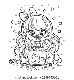 Cute cartoon girl sit with big  cake with whipped cream and cherries outlined for coloring page on a white background