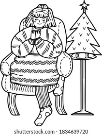 A cute cartoon girl is sitting in a chair with a mug in her hands. Plaid and Christmas tree. Snowman print. Cup with hot drink in hand. Single design element. Clipart. Children's coloring. Contour