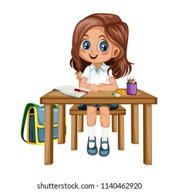 Cute Cartoon Girl Sitting at Desk with Different School Supplies. Little Student in Classroom Studying. Vector Illustration of a Female Pupil at the Table with Copybook, Pencils and Backpack