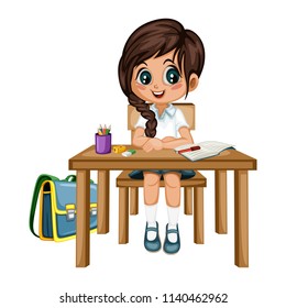 Cute Cartoon Girl Sitting at Desk with Different School Supplies. Little Student in Classroom Studying. Vector Illustration of a Female Pupil at the Table with Copybook, Pencils and Backpack