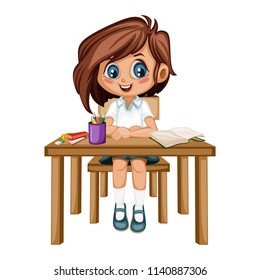 Cute Cartoon Girl Sitting at Desk with Different School Supplies. Little Student in Classroom Studying. Vector Illustration of a Female Pupil at the Table with Copybook, Pencils and Backpack