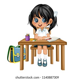 Cute Cartoon Girl Sitting at Desk with Different School Supplies. Little Student in Classroom Studying. Vector Illustration of a Female Pupil at the Table with Copybook, Pencils and Backpack