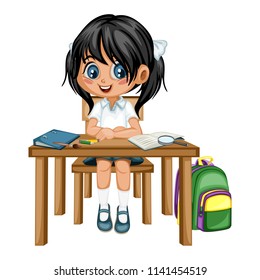 Cute Cartoon Girl Sitting at Desk with Different School Supplies. Little Student in Classroom Studying. Vector Illustration of a Female Pupil at the Table with Books, Copybook, Pencils and Backpack