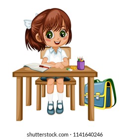 Cute Cartoon Girl Sitting at Desk with Different School Supplies. Little Student in Classroom Studying. Vector Illustration of a Female Pupil at the Table with Copybook, Pencils and Backpack