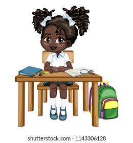 Cute Cartoon Girl Sitting at Desk with Different School Supplies. Little Student in Classroom Studying. Vector Illustration of a Female Pupil at the Table with Copybook, Pencils and Backpack