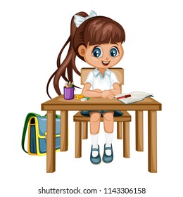 Cute Cartoon Girl Sitting at Desk with Different School Supplies. Little Student in Classroom Studying. Vector Illustration of a Female Pupil at the Table with Copybook, Pencils and Backpack