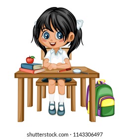 Cute Cartoon Girl Sitting at Desk with Different School Supplies. Little Student in Classroom Studying. Vector Illustration of a Female Pupil at the Table with Books, Pencils and Backpack