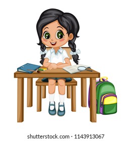 Cute Cartoon Girl Sitting at Desk with Different School Supplies. Little Student in Classroom Studying. Vector Illustration of a Female Pupil at the Table with Copybook, Pencils and Backpack