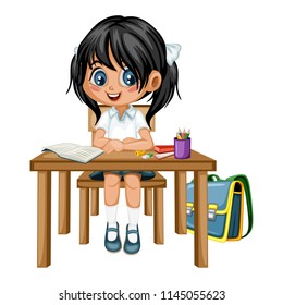 Cute Cartoon Girl Sitting at Desk with Different School Supplies. Little Student in Classroom Studying. Vector Illustration of a Female Pupil at the Table with Copybook, Pencils and Backpack