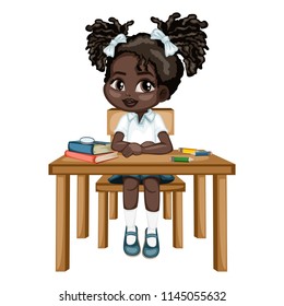 Cute Cartoon Girl Sitting at Desk with Different School Supplies. Little Student in Classroom Studying. Vector Illustration of a Female Pupil at the Table with Books and Pencils 