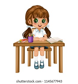 Cute Cartoon Girl Sitting at Desk with Different School Supplies. Little Student in Classroom Studying. Vector Illustration of a Female Pupil at the Table with Copybook, Pencils and Backpack