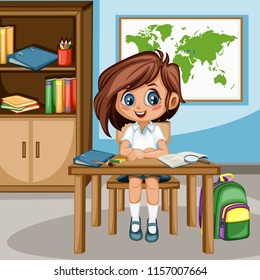 Cute Cartoon Girl Sitting at Desk with  Bookshelf, World Map and School Supplies. Little Student in Classroom Studying. Vector Illustration of a Female Pupil at the Table 