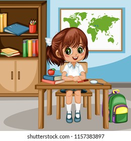 Cute Cartoon Girl Sitting at Desk with  Bookshelf, World Map and School Supplies. Little Student in Classroom Studying. Vector Illustration of a Female Pupil at the Table 
