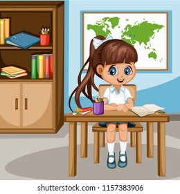 Cute Cartoon Girl Sitting at Desk with  Bookshelf, World Map and School Supplies. Little Student in Classroom Studying. Vector Illustration of a Female Pupil at the Table 