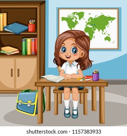 Cute Cartoon Girl Sitting at Desk with  Bookshelf, World Map and School Supplies. Little Student in Classroom Studying. Vector Illustration of a Female Pupil at the Table 