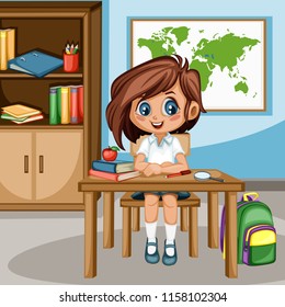 Cute Cartoon Girl Sitting at Desk with  Bookshelf, World Map and School Supplies. Little Student in Classroom Studying. Vector Illustration of a Female Pupil at the Table 