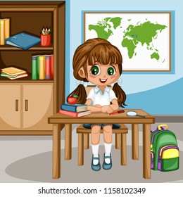 Cute Cartoon Girl Sitting at Desk with  Bookshelf, World Map and School Supplies. Little Student in Classroom Studying. Vector Illustration of a Female Pupil at the Table 