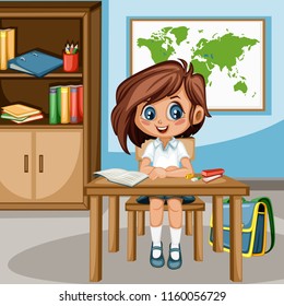 Cute Cartoon Girl Sitting at Desk with  Bookshelf, World Map and School Supplies. Little Student in Classroom Studying. Vector Illustration of a Female Pupil at the Table 