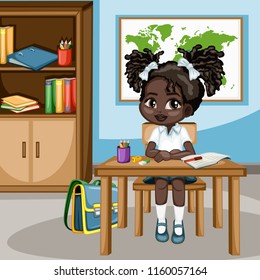 Cute Cartoon Girl Sitting at Desk with  Bookshelf, World Map and School Supplies. Little Student in Classroom Studying. Vector Illustration of a Female Pupil at the Table 