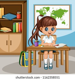 Cute Cartoon Girl Sitting at Desk with  Bookshelf, World Map and School Supplies. Little Student in Classroom Studying. Vector Illustration of a Female Pupil at the Table 