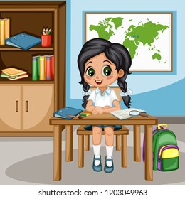 Cute Cartoon Girl Sitting at Desk with  Bookshelf, World Map and School Supplies. Little Student in Classroom Studying. Vector Illustration of a Female Pupil at the Table 