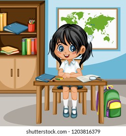 Cute Cartoon Girl Sitting at Desk with  Bookshelf, World Map and School Supplies. Little Student in Classroom Studying. Vector Illustration of a Female Pupil at the Table 