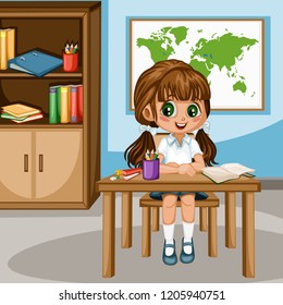 Cute Cartoon Girl Sitting at Desk with  Bookshelf, World Map and School Supplies. Little Student in Classroom Studying. Vector Illustration of a Female Pupil at the Table 