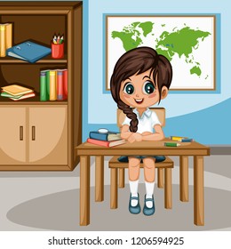 Cute Cartoon Girl Sitting at Desk with  Bookshelf, World Map and School Supplies. Little Student in Classroom Studying. Vector Illustration of a Female Pupil at the Table 