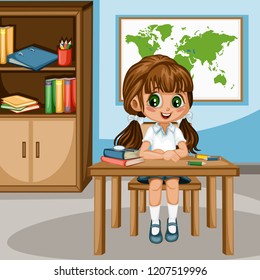 Cute Cartoon Girl Sitting at Desk with  Bookshelf, World Map and School Supplies. Little Student in Classroom Studying. Vector Illustration of a Female Pupil at the Table 