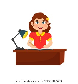 Cute cartoon girl sitting at the desk with school supplies and books.   Little student in classroom. Study and training. Vector Illustration.