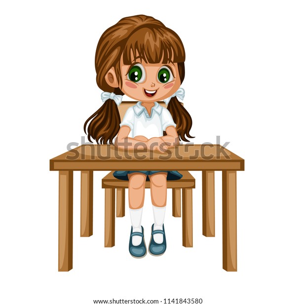 Cute Cartoon Girl Sitting Desk Little Stock Vector (Royalty Free ...