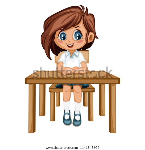 Cute Cartoon Girl Sitting Desk Little Stock Vector Royalty Free