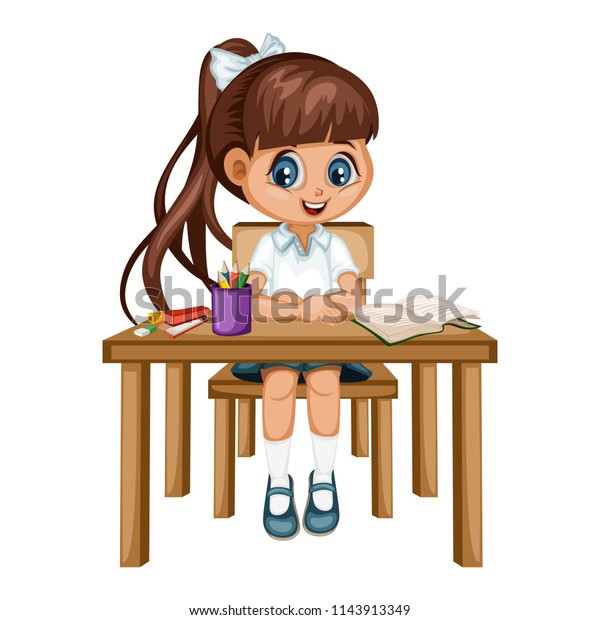 Cute Cartoon Girl Sitting Desk Different Stock Vector Royalty