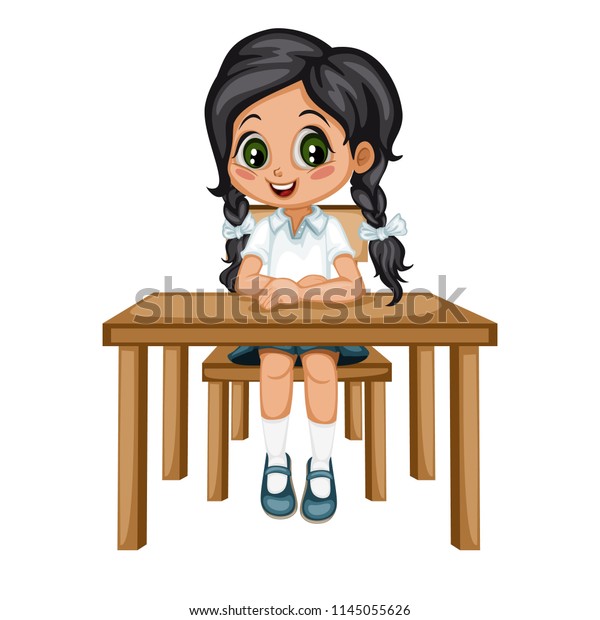 Cute Cartoon Girl Sitting Desk Little Stock Vector Royalty Free